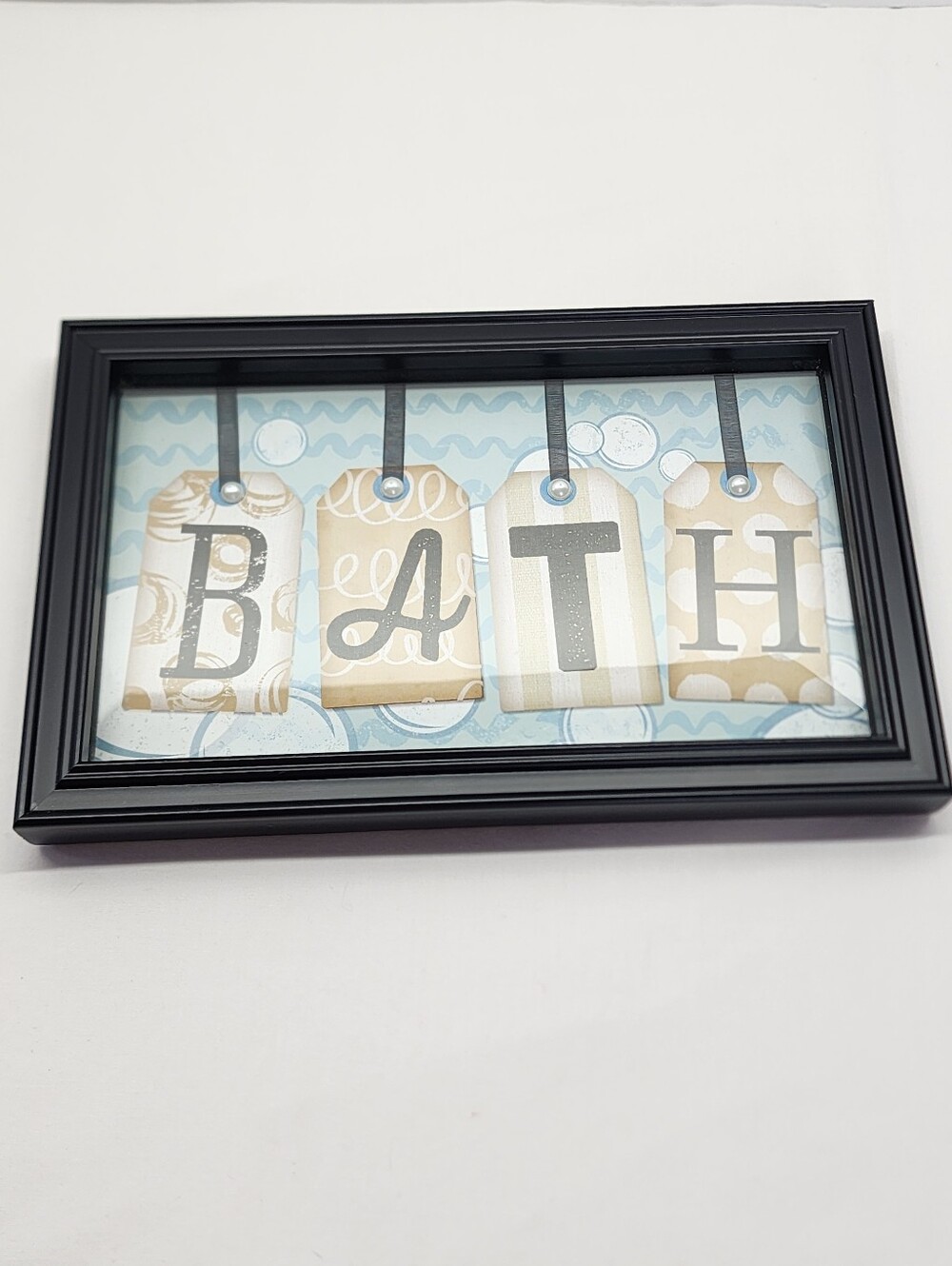 Bathroom Wall Art Shadow Box Sign - Blue and Beige "BATH" Framed Plaque